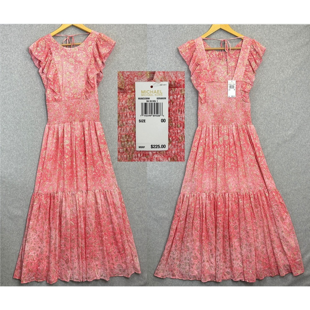 MICHAEL Michael Kors Georgette Maxi Dress Geranium Pink Paisley Ruffle 00 NWT